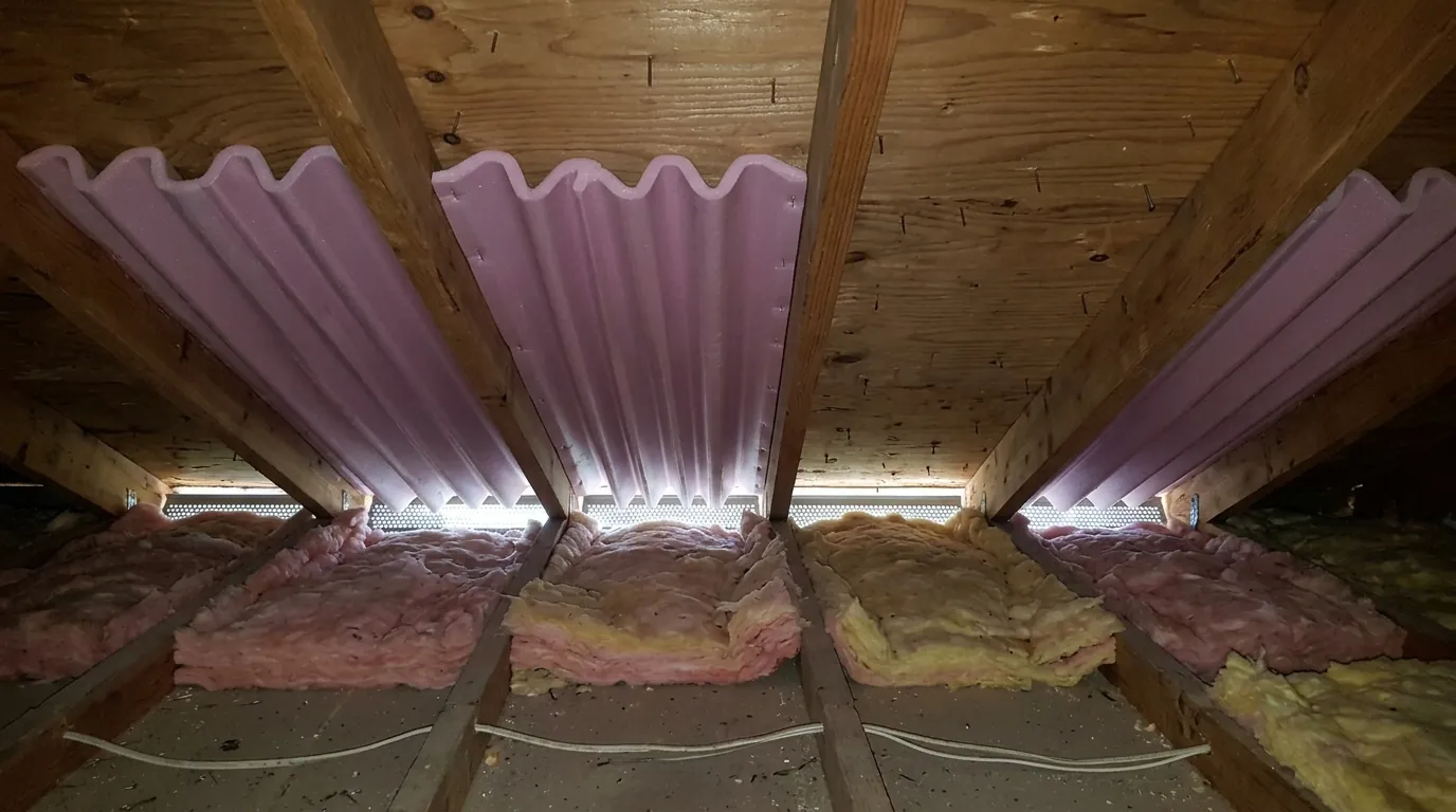 Rafter baffles installed at the attic eaves