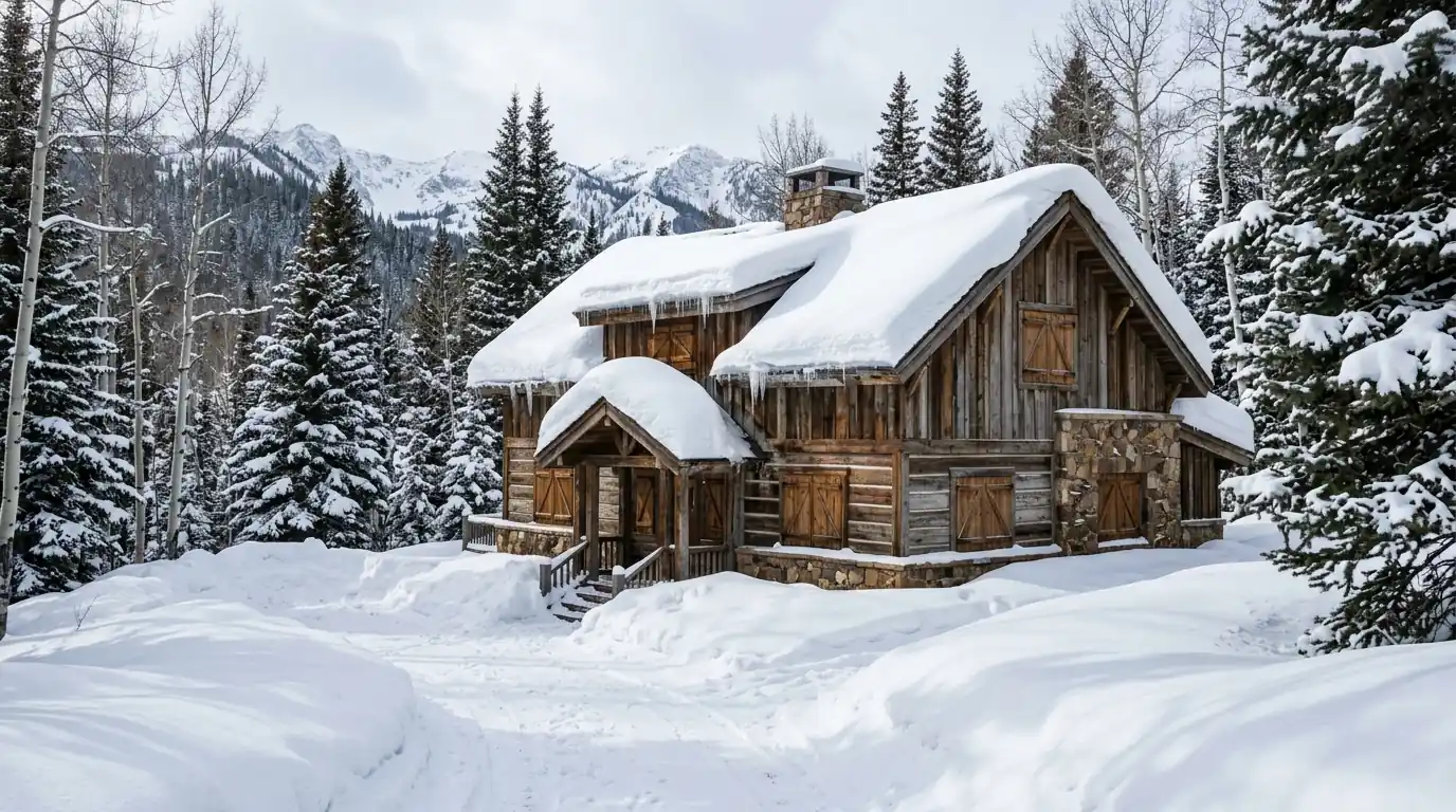 A closed-up mountain cabin in a Summit County winter
