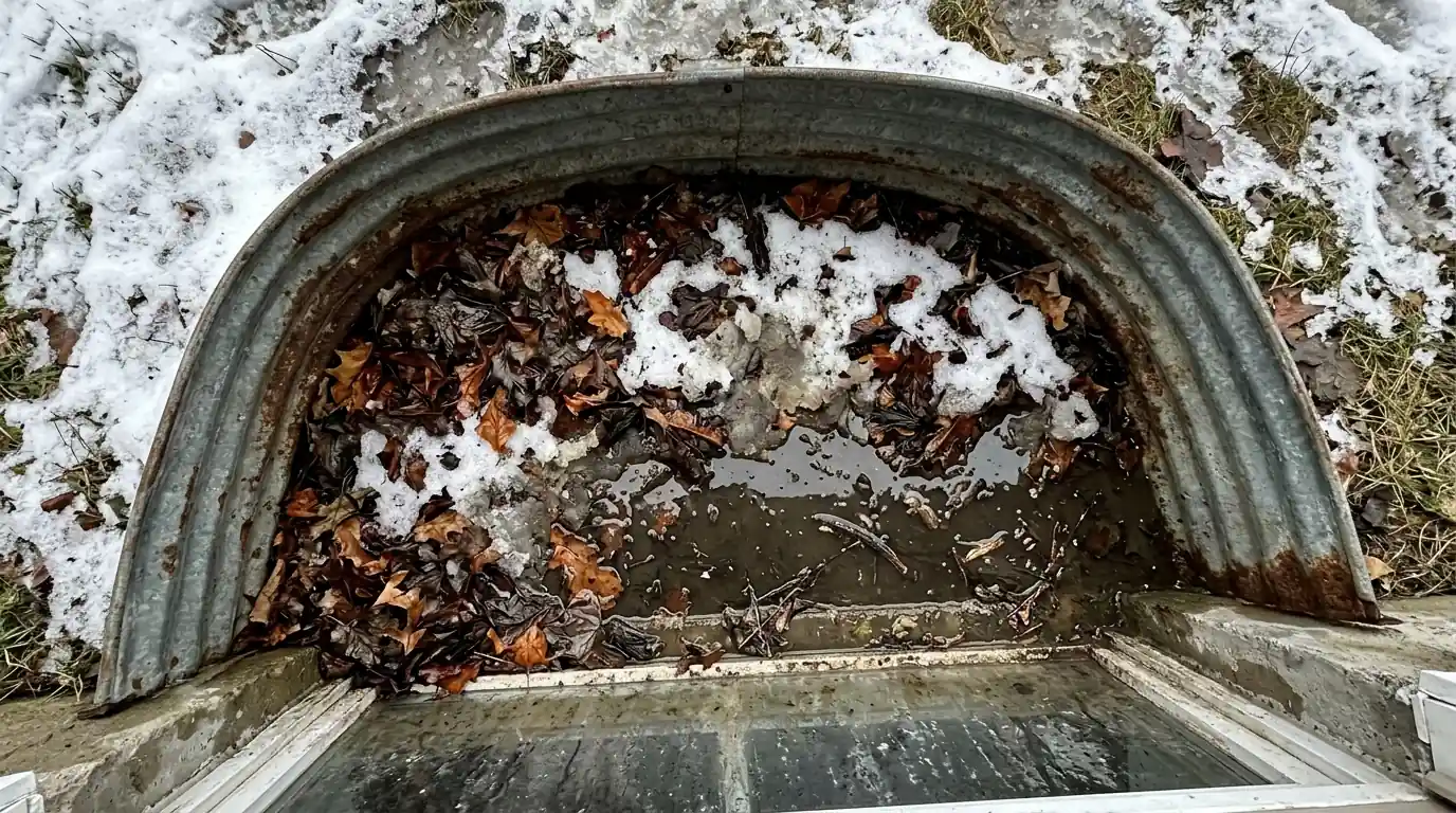 A clogged window well holding snowmelt against a basement window