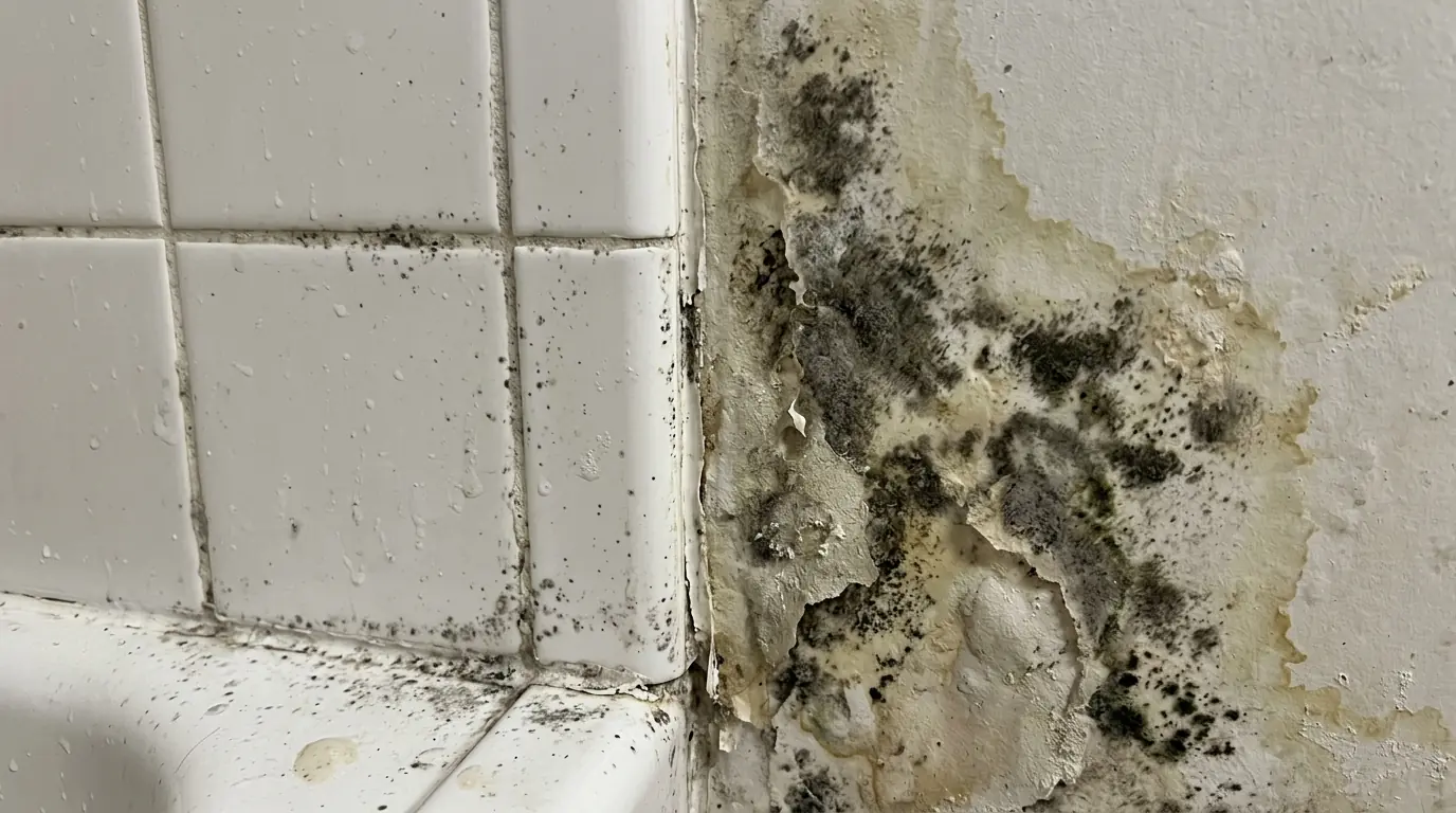 Surface mildew on grout beside mold grown into drywall