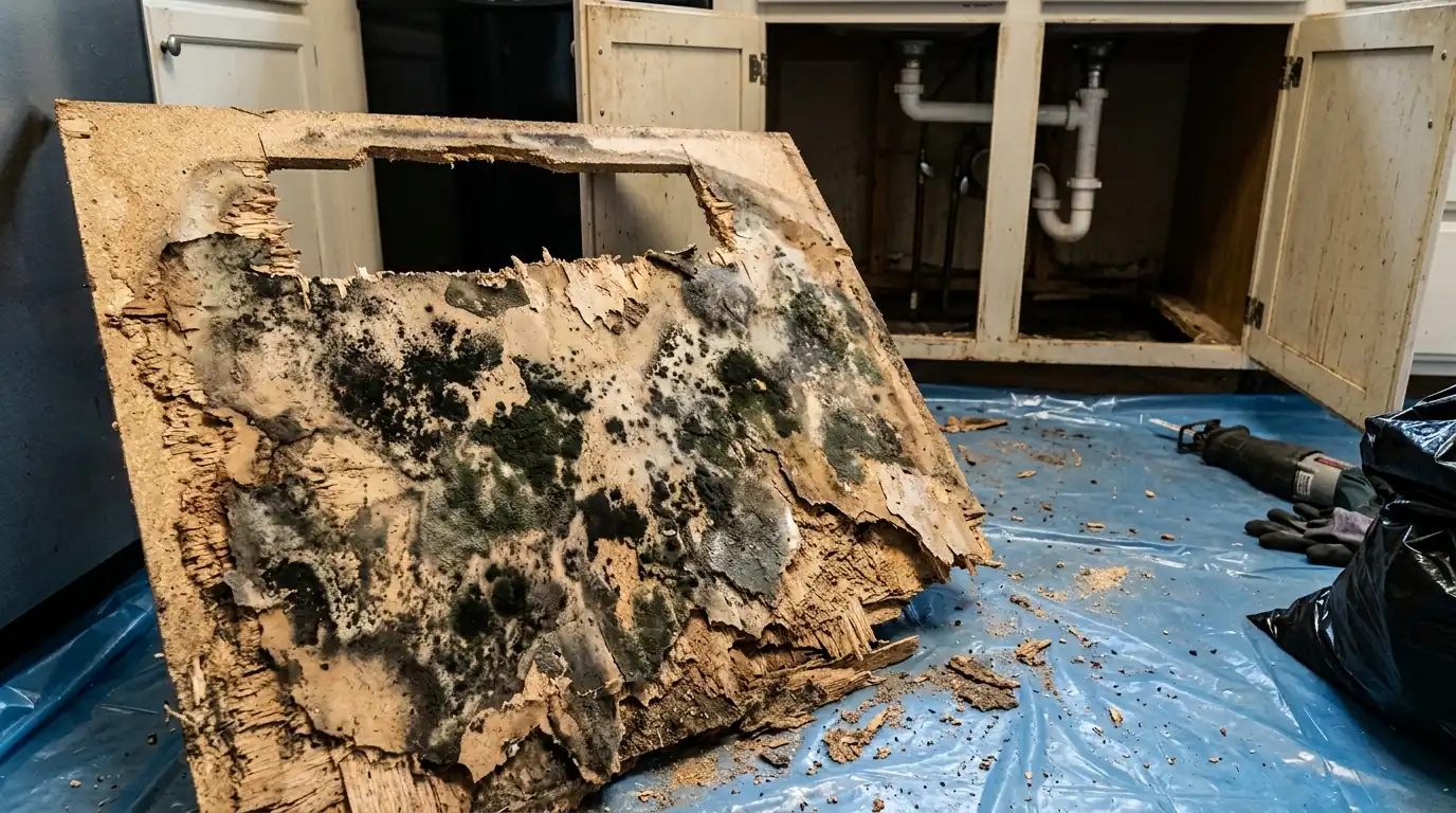 Swollen, moldy particleboard from a sink cabinet