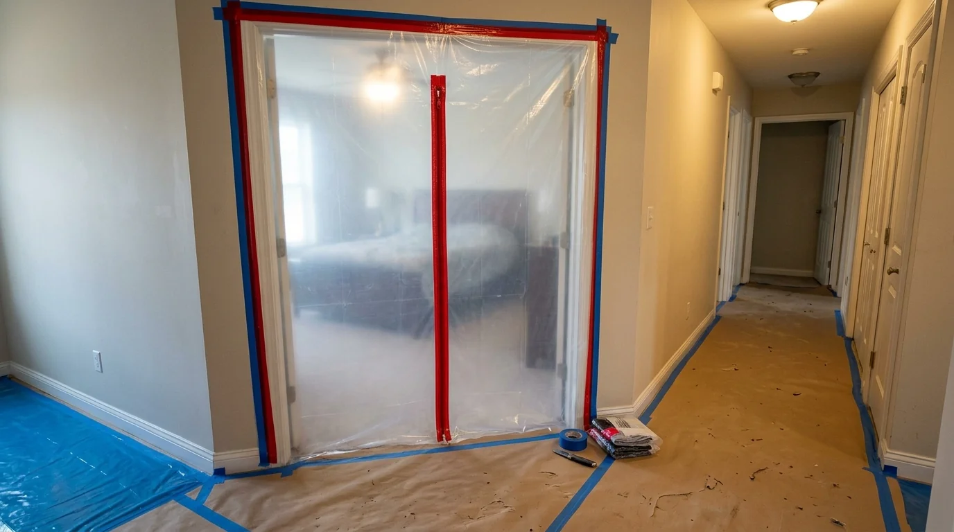 Room containment with a zipper door in a hallway