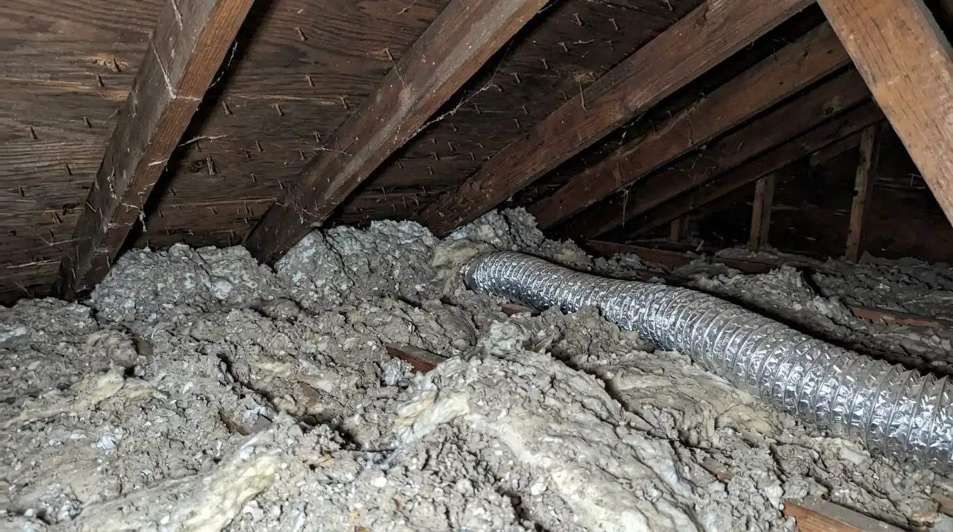 Blocked eaves and a loose bath fan duct in an older attic
