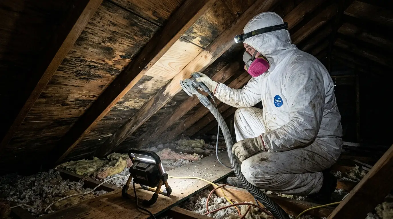 HEPA sanding mold off attic sheathing