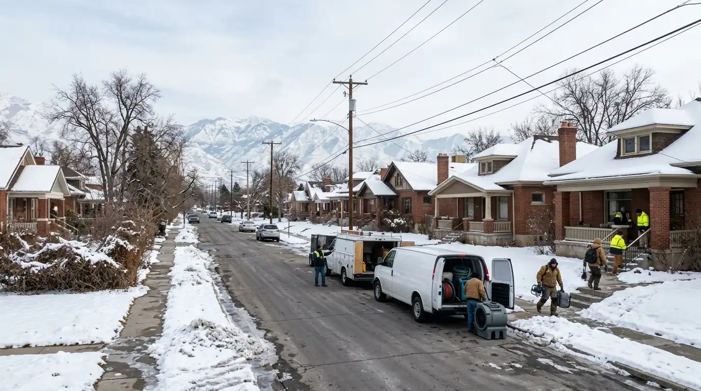 Older brick homes along a snowy Salt Lake City street