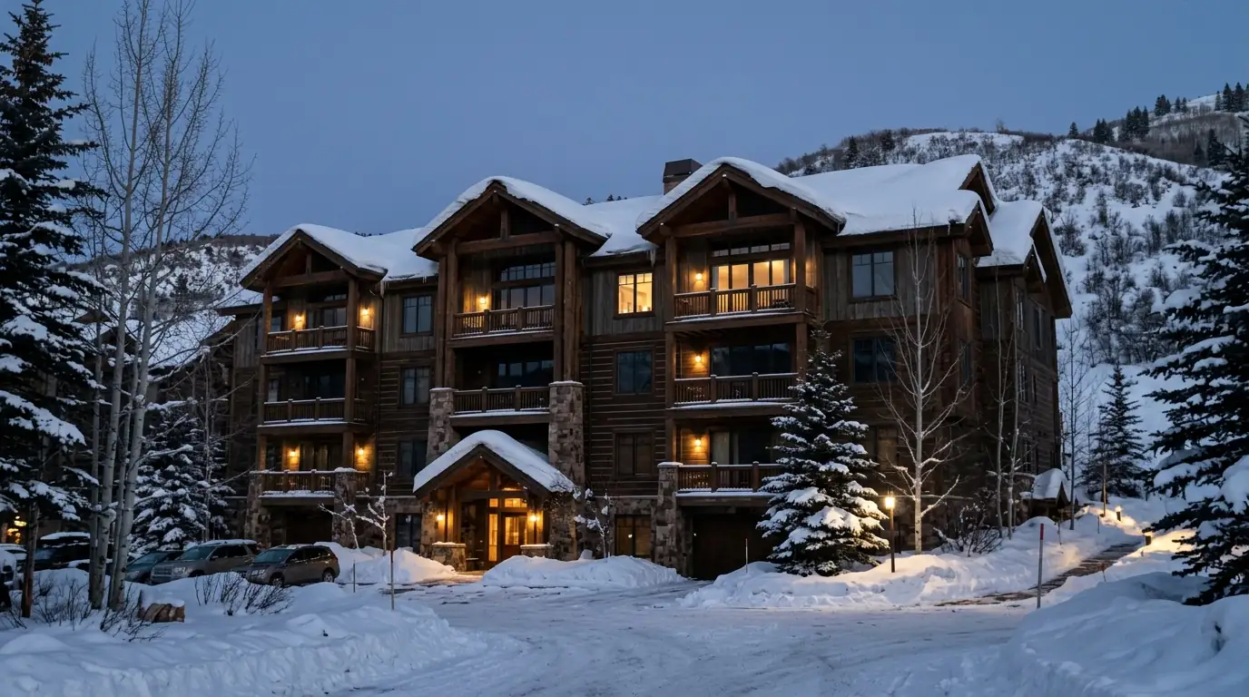 A Park City condo building on a quiet winter evening
