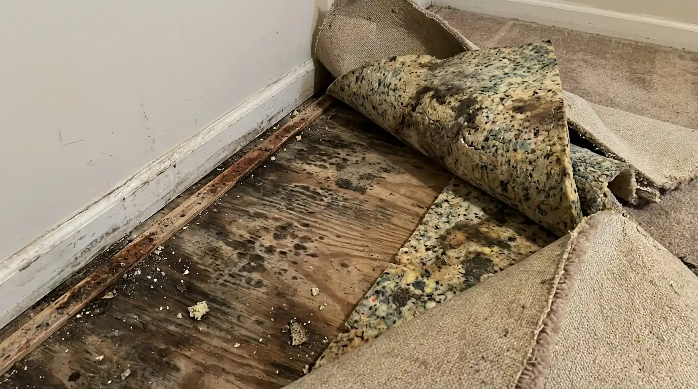 Stained pad and subfloor under lifted basement carpet