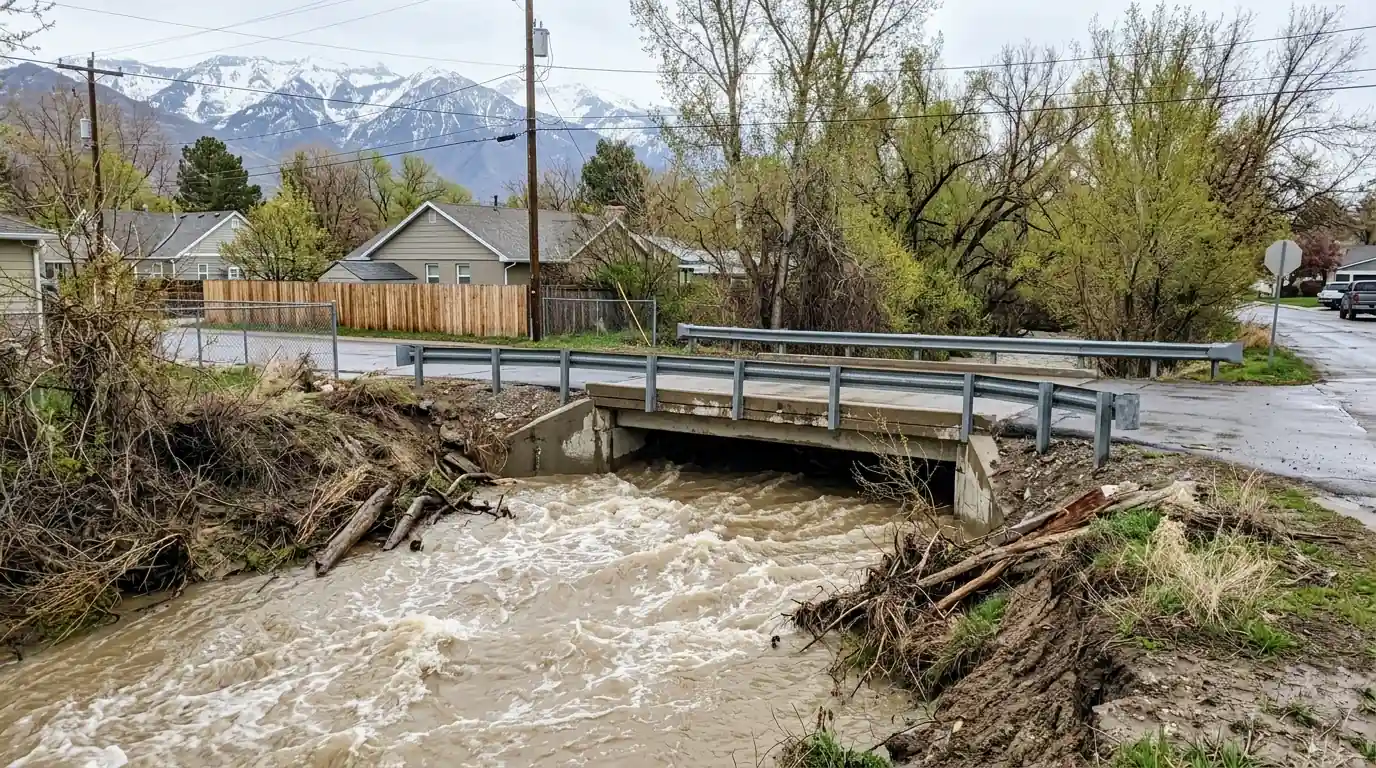 A creek running high through a neighborhood in spring