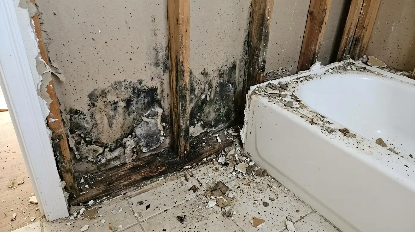 Moldy wall board behind a removed tub surround