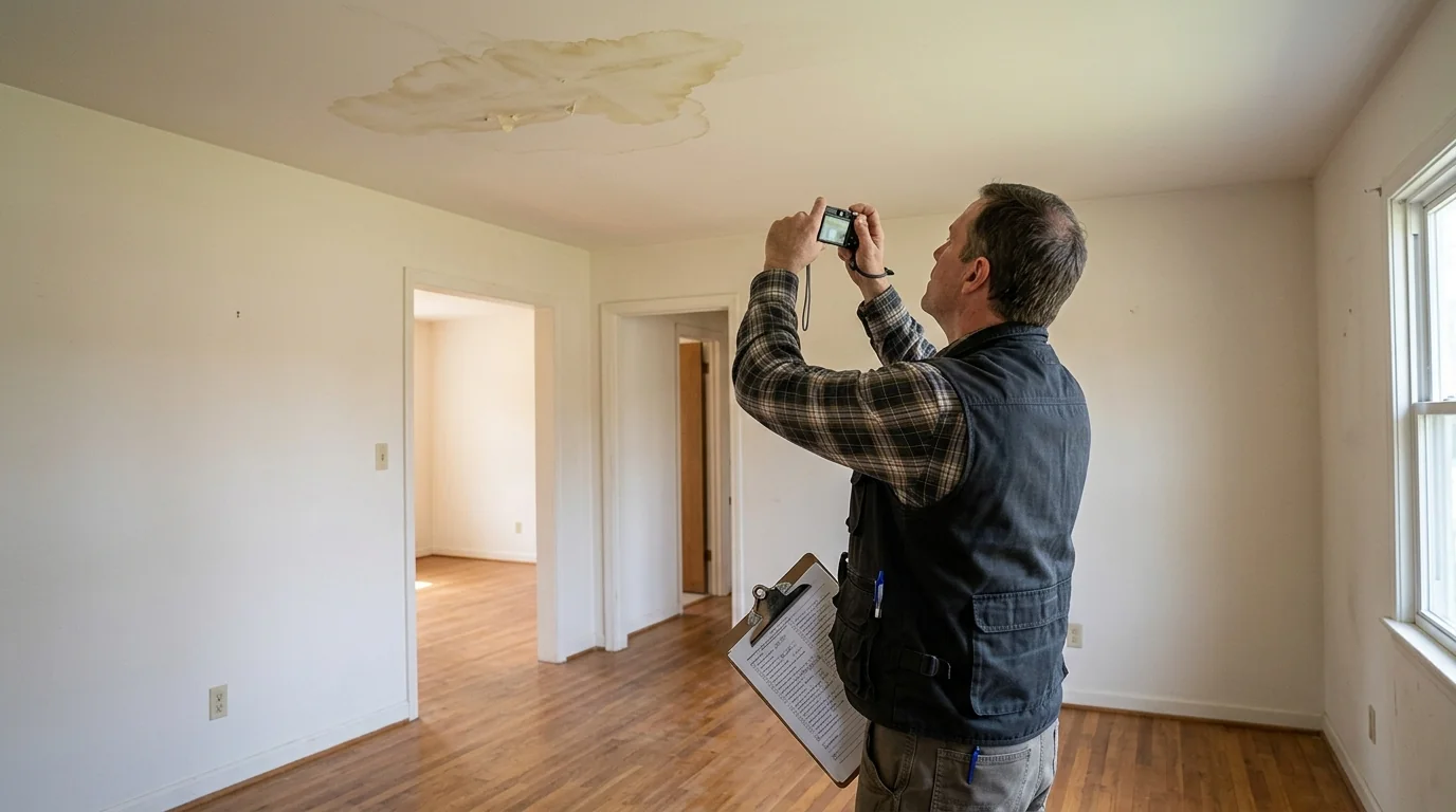 Documenting a ceiling stain during a pre-purchase inspection