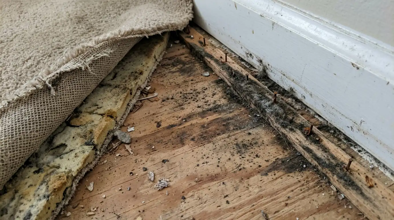 Moldy tack strip along a wall under lifted carpet