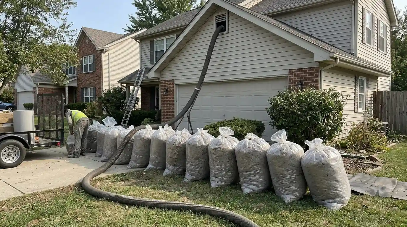 Bagged insulation removed from an attic