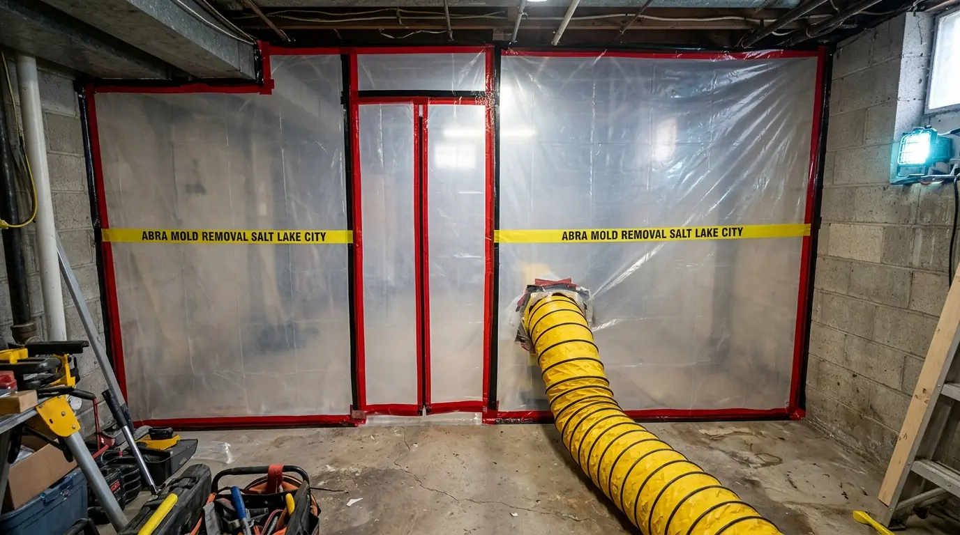 Containment zipper door across a basement hallway during mold removal