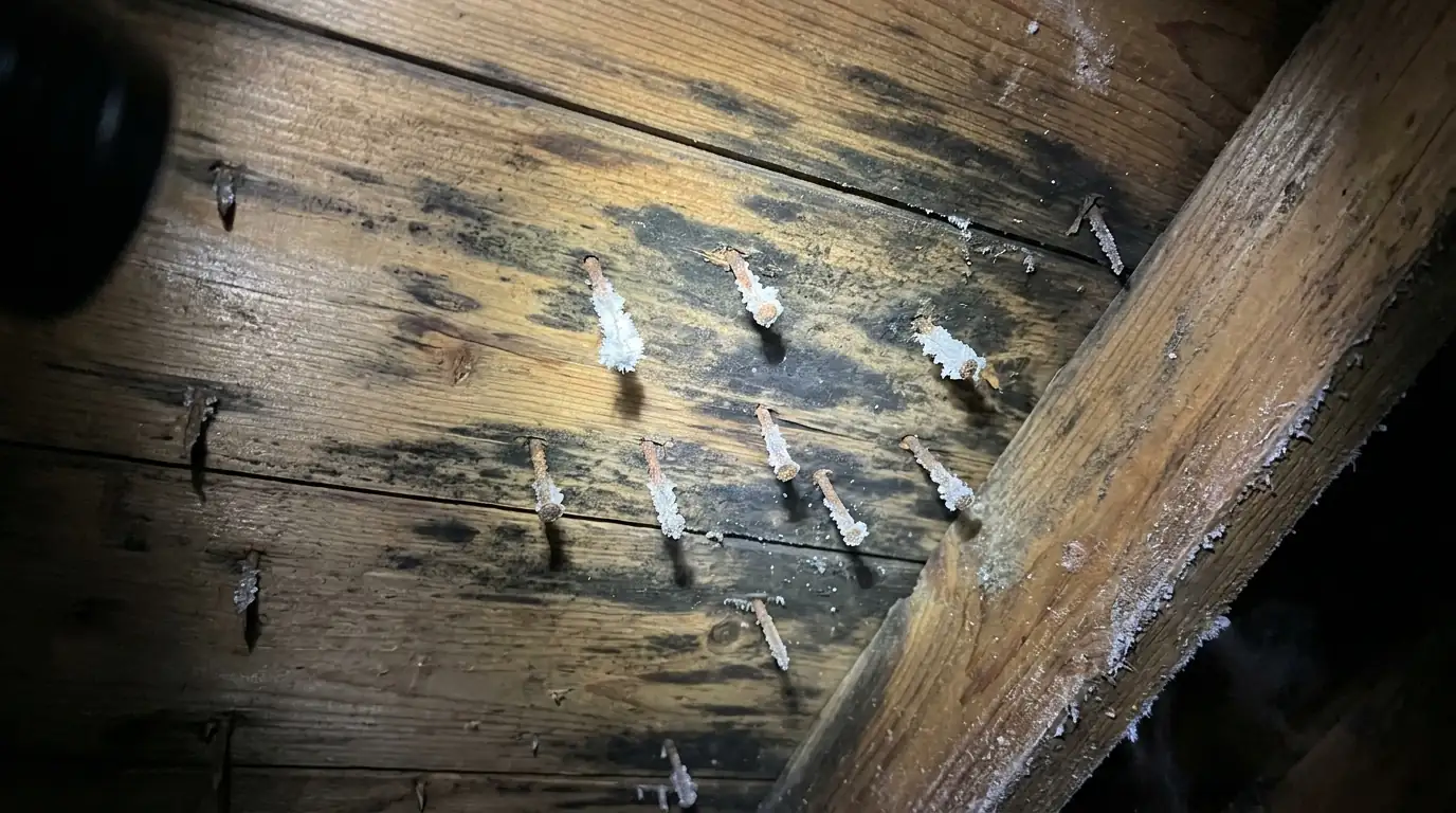 Frost on roofing nails and staining on attic sheathing