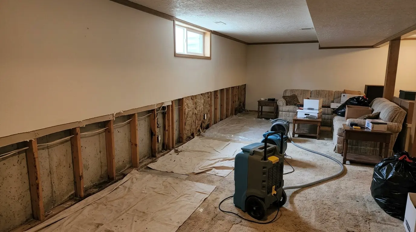 Finished basement drywall removed along a foundation wall