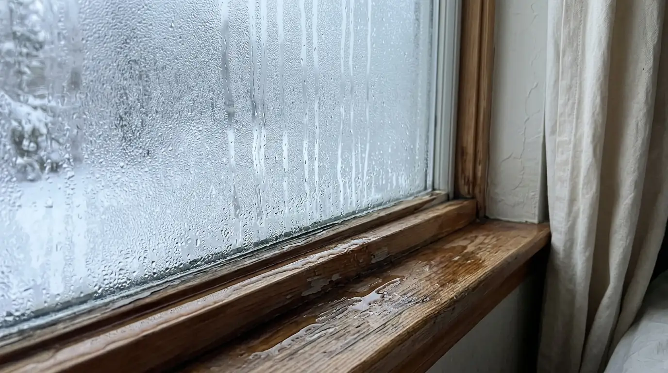 Condensation pooling on a bedroom window sill