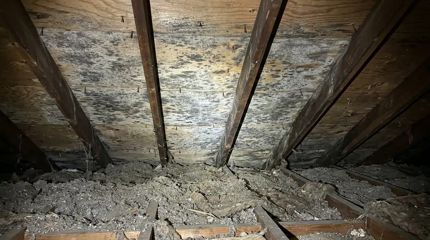 Mold on attic roof sheathing between rafters