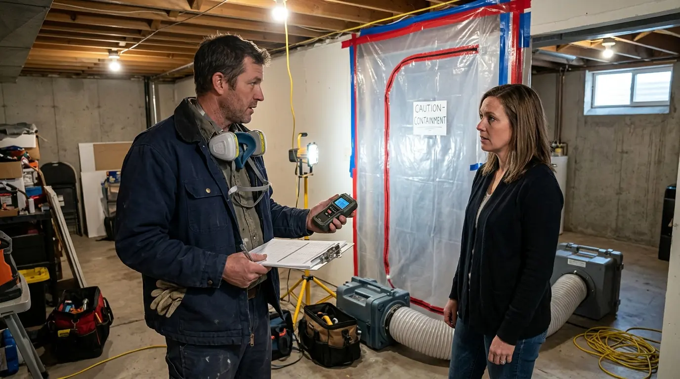 Answering a homeowner question beside a containment doorway