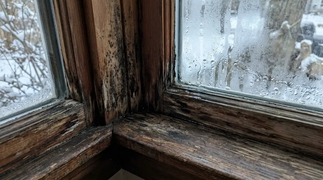 Mold on a wooden sill beneath a condensation-covered window