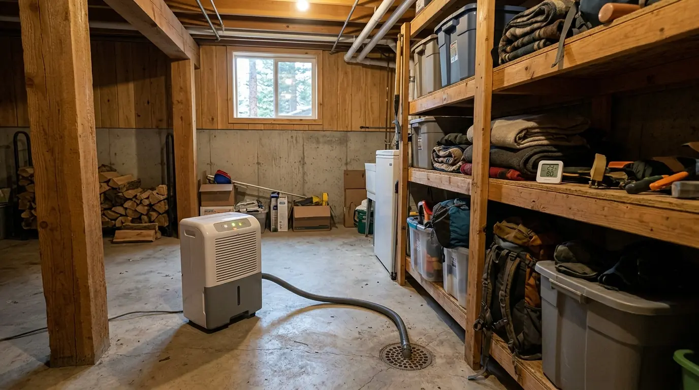 A cabin lower level set up with a dehumidifier and humidity sensor