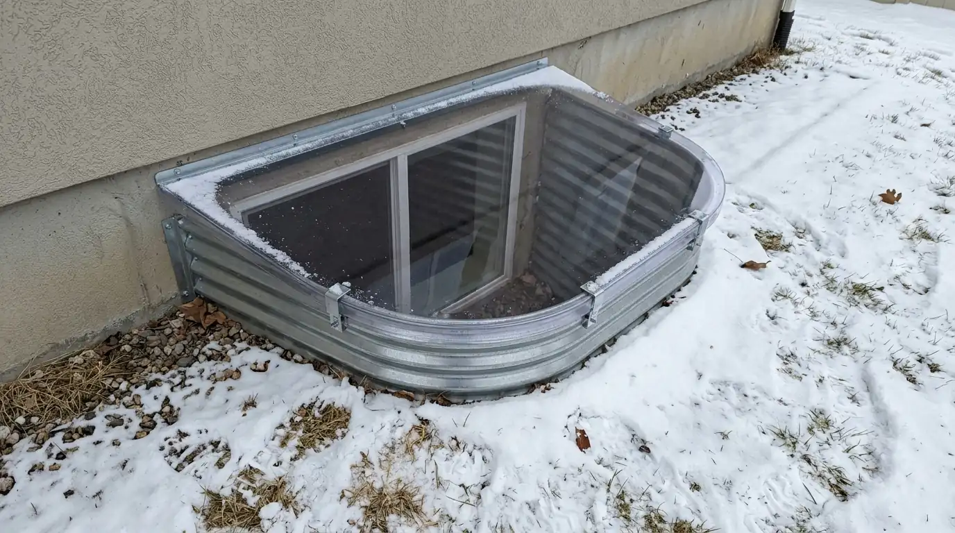 A clear window well cover in winter