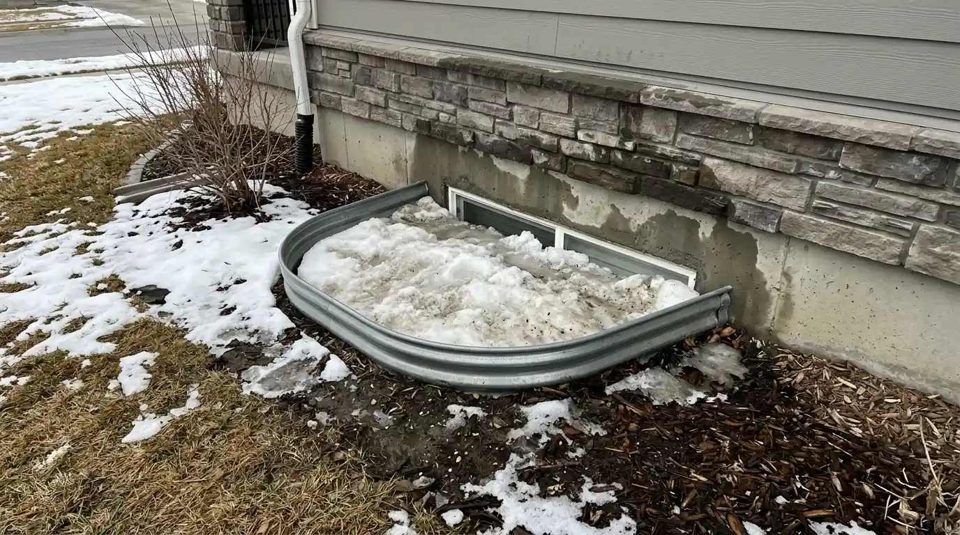 A window well full of snowmelt at a newer Davis County home