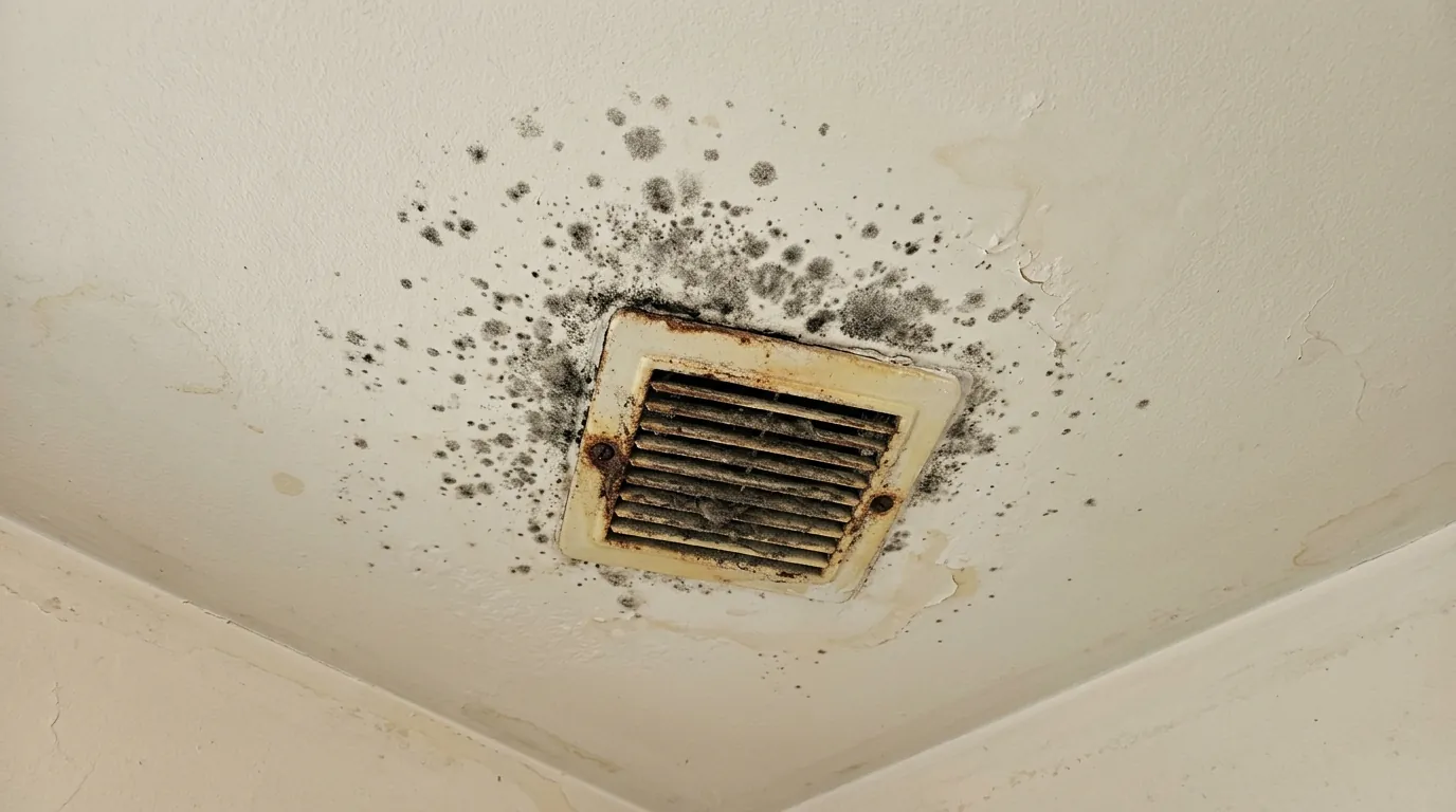 Mold spots on a bathroom ceiling around an old exhaust fan