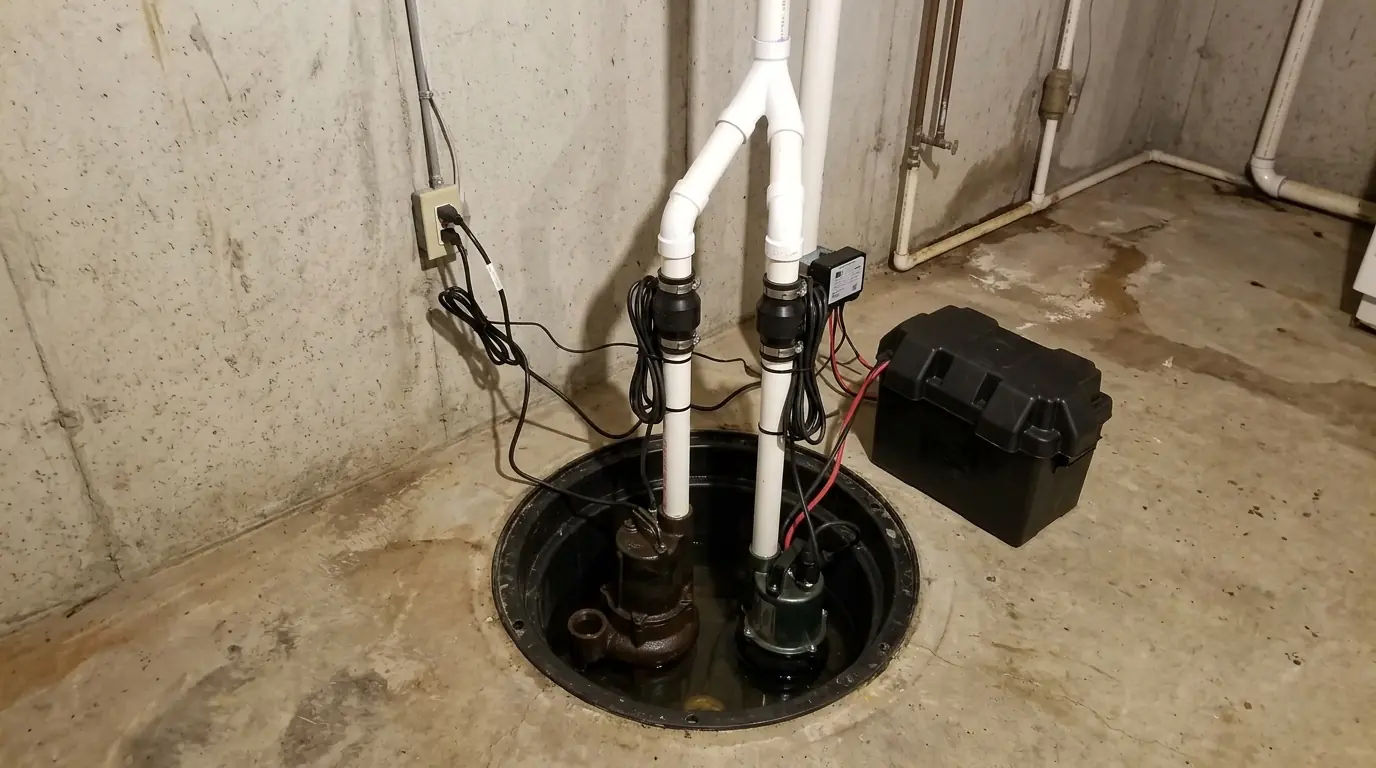 A primary sump pump with a battery backup