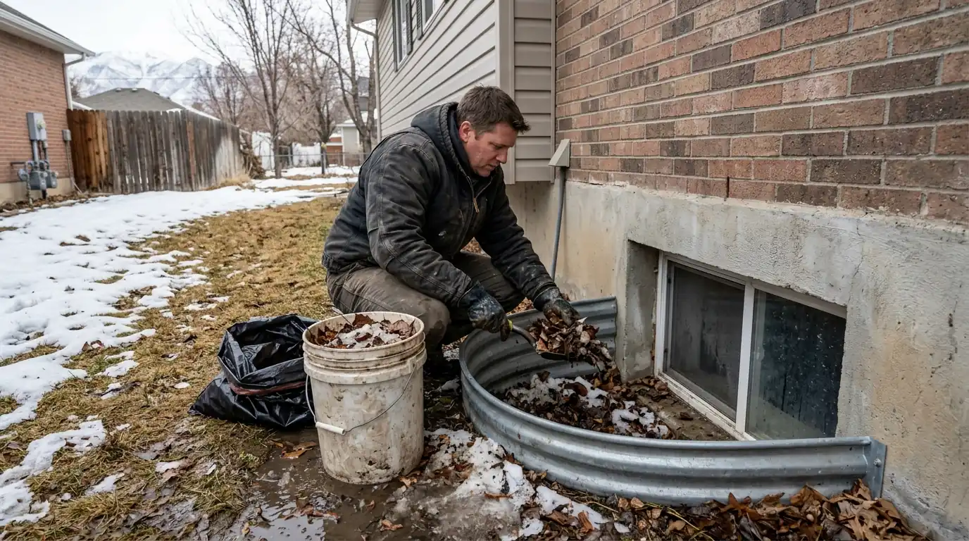 Clearing a basement window well before the spring melt