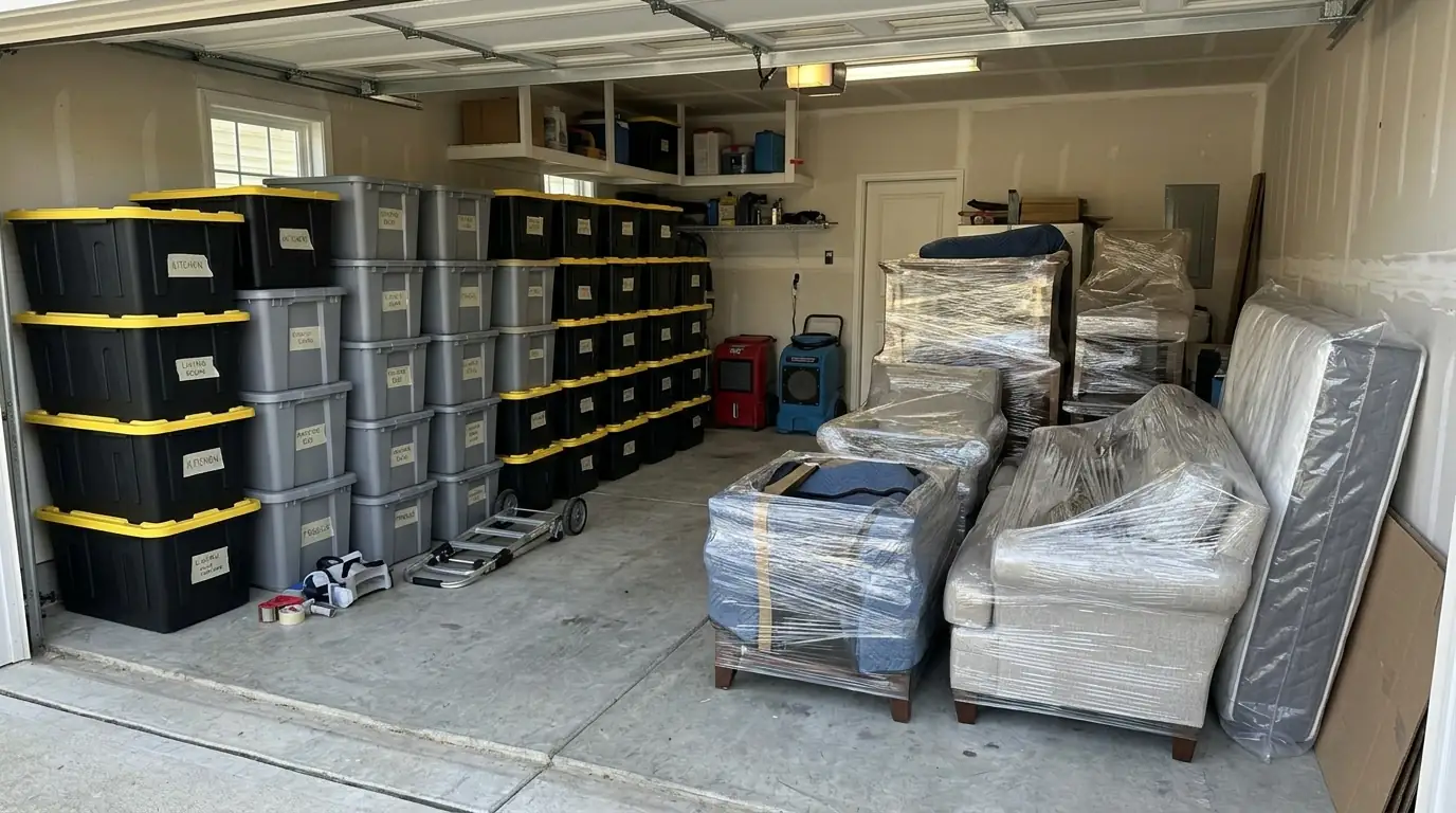Wrapped furniture and labeled bins in temporary storage